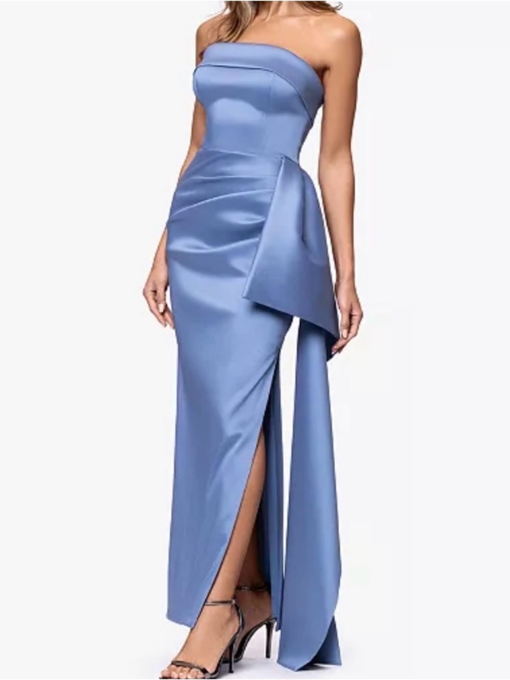 Xscape Strapless Satin Column Dress in Periwinkle Blue with Side Drape